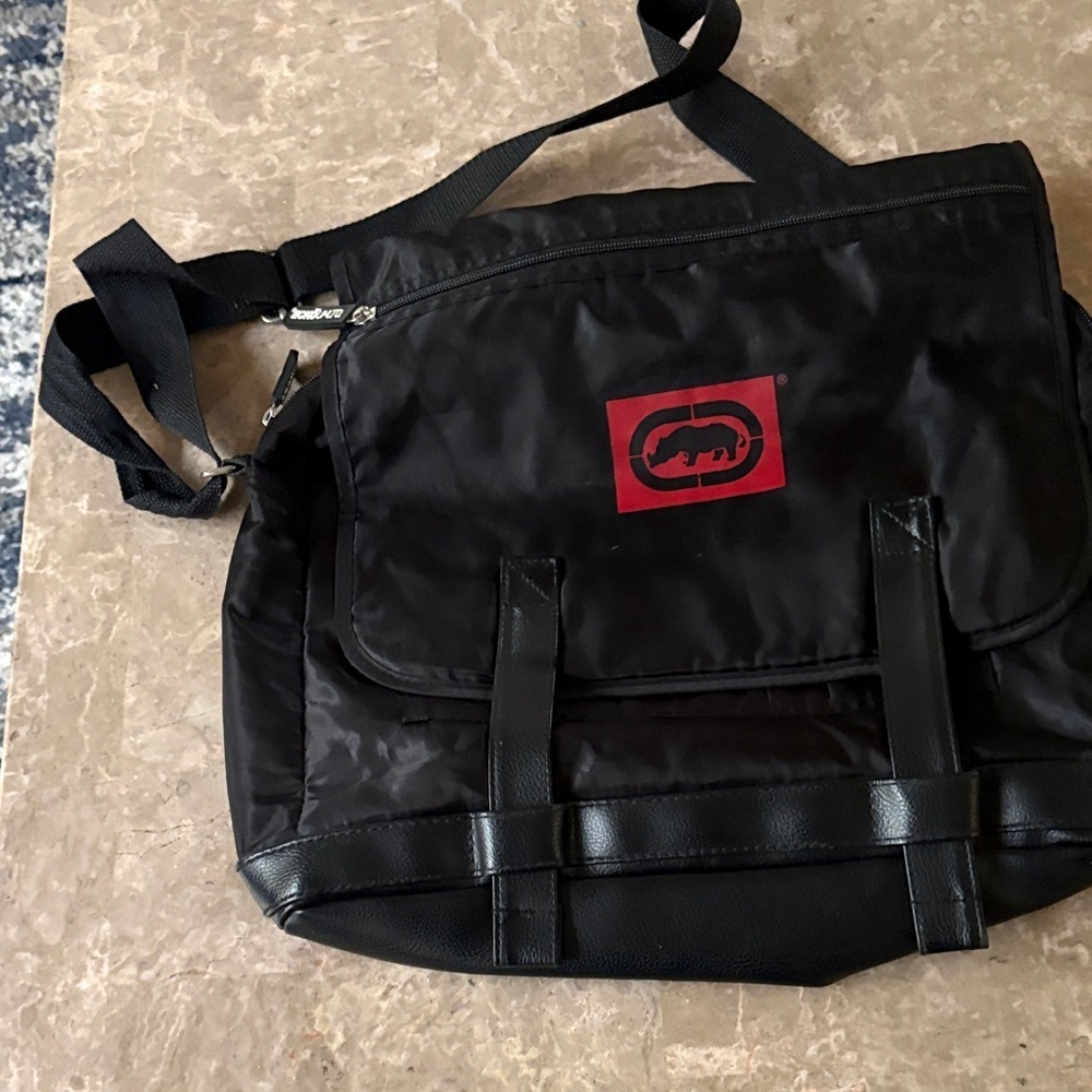 Black and Red Logo Messenger Bag